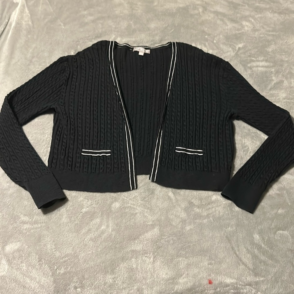 J.Crew Cropped Cable Knit Cardigan Tipped Black with h White Trim Sweater - Picture 4 of 10